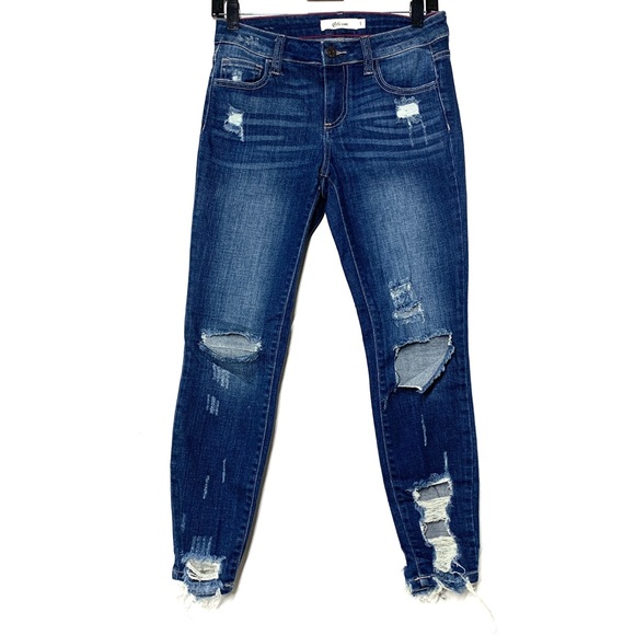 Cello Ultra Distressed Mid-rise Dark Denim Jeans - Picture 1 of 7